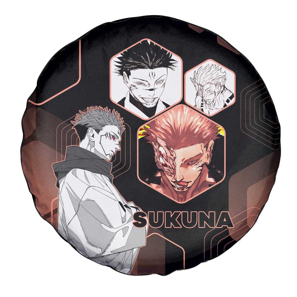 Ryomen Sukuna Jujutsu Kaisen Brown Hexagon Design Spare Tire Cover with Cursed Marks and Manga Style Art - The Mazicc