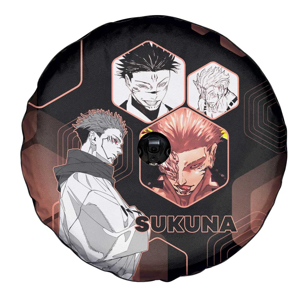 Ryomen Sukuna Jujutsu Kaisen Brown Hexagon Design Spare Tire Cover with Cursed Marks and Manga Style Art - The Mazicc