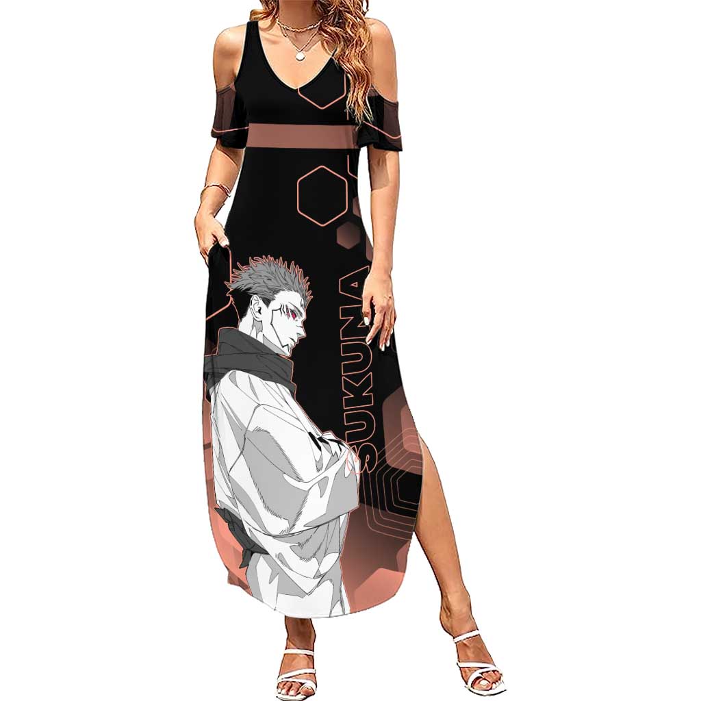 Ryomen Sukuna Jujutsu Kaisen Brown Hexagon Design Summer Maxi Dress with Cursed Marks and Manga Style Art - The Mazicc