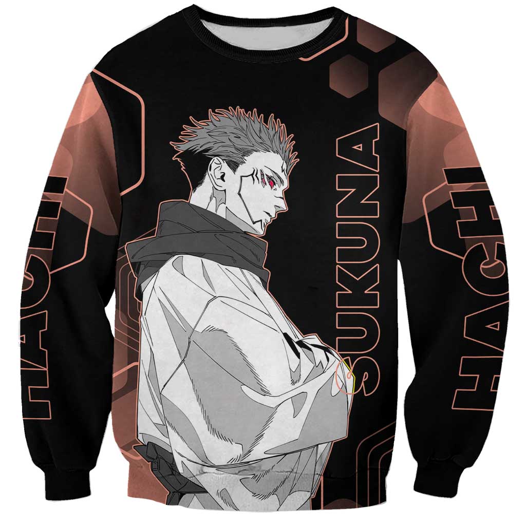 Ryomen Sukuna Jujutsu Kaisen Brown Hexagon Design Sweatshirt with Cursed Marks and Manga Style Art - The Mazicc