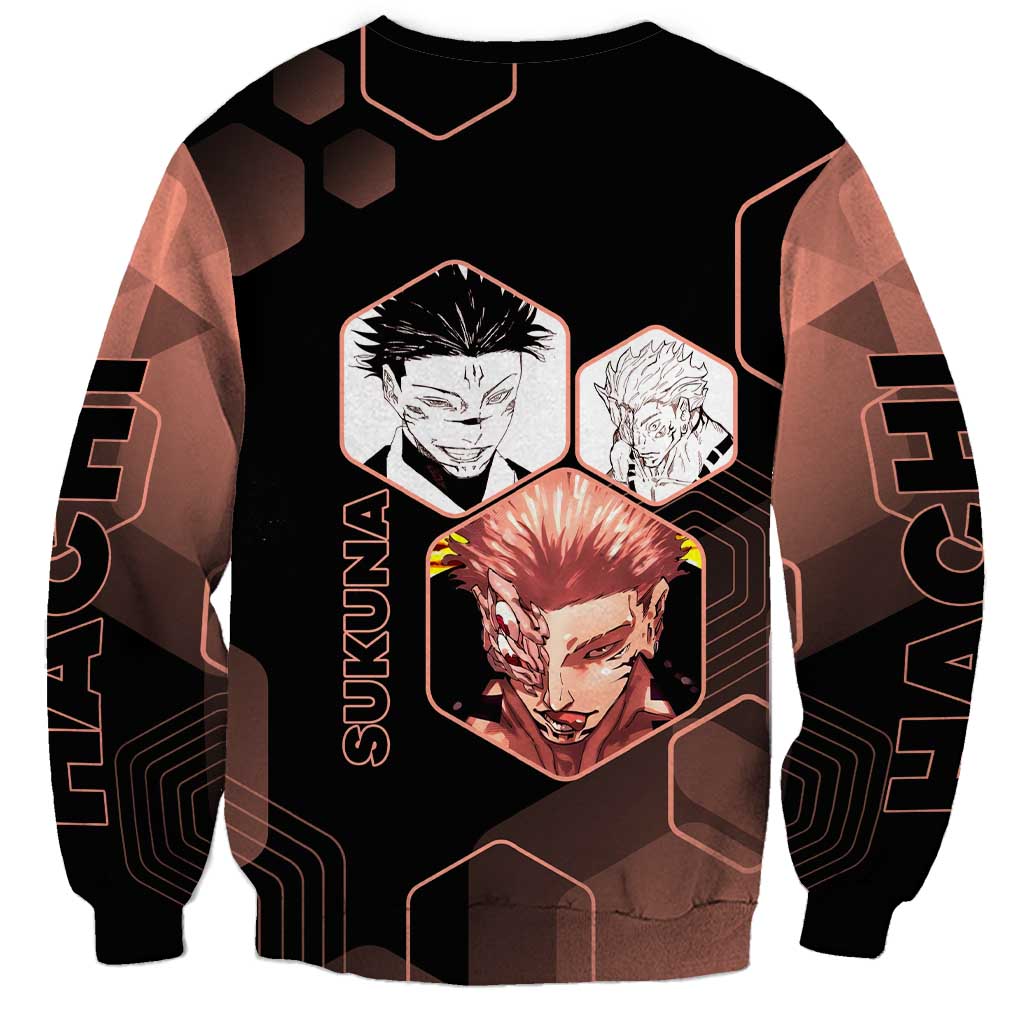 Ryomen Sukuna Jujutsu Kaisen Brown Hexagon Design Sweatshirt with Cursed Marks and Manga Style Art - The Mazicc