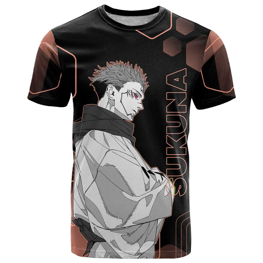 Ryomen Sukuna Jujutsu Kaisen Brown Hexagon Design T Shirt with Cursed Marks and Manga Style Art - The Mazicc