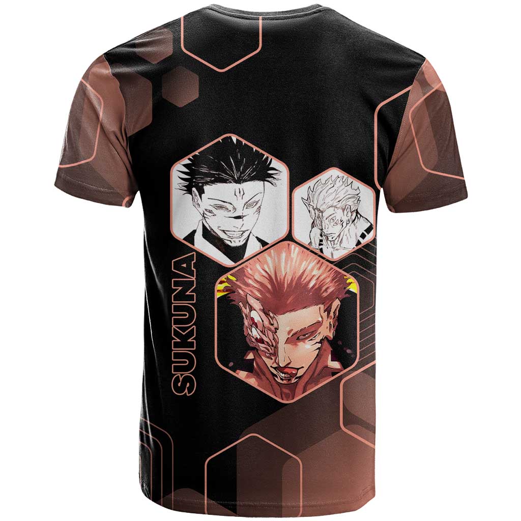 Ryomen Sukuna Jujutsu Kaisen Brown Hexagon Design T Shirt with Cursed Marks and Manga Style Art - The Mazicc