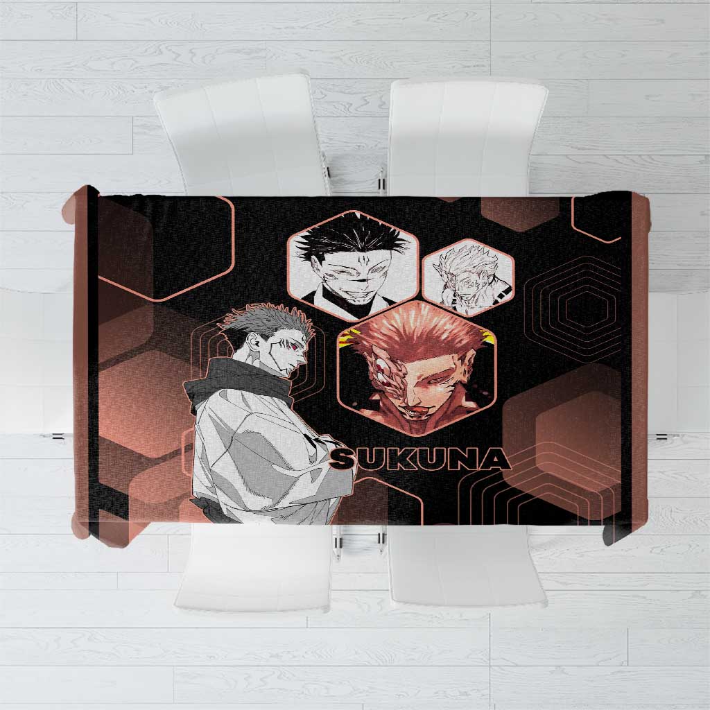 Ryomen Sukuna Jujutsu Kaisen Brown Hexagon Design Tablecloth with Cursed Marks and Manga Style Art - The Mazicc