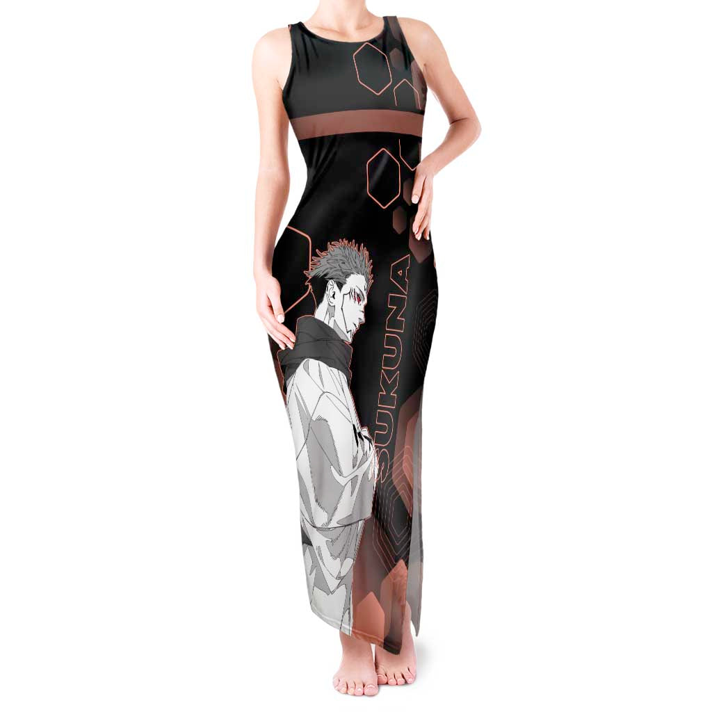Ryomen Sukuna Jujutsu Kaisen Brown Hexagon Design Tank Maxi Dress with Cursed Marks and Manga Style Art - The Mazicc