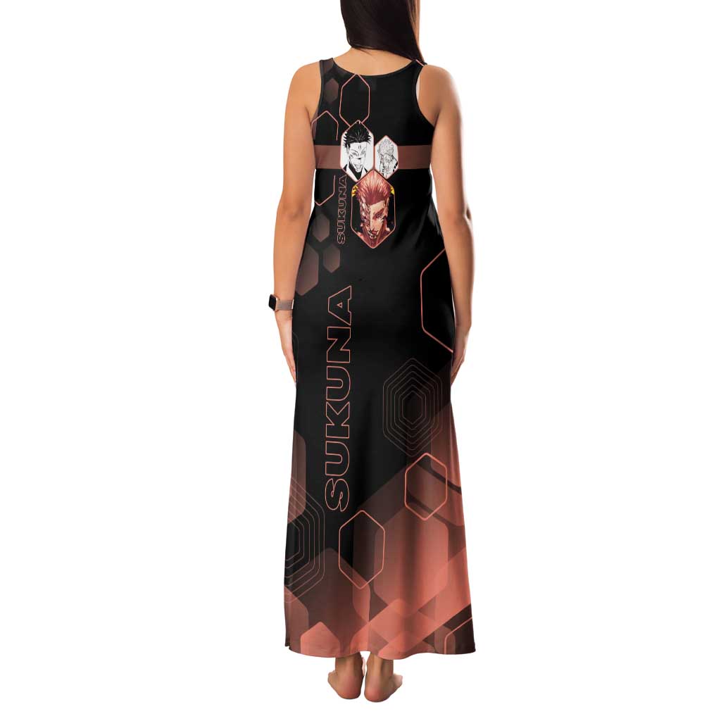 Ryomen Sukuna Jujutsu Kaisen Brown Hexagon Design Tank Maxi Dress with Cursed Marks and Manga Style Art - The Mazicc