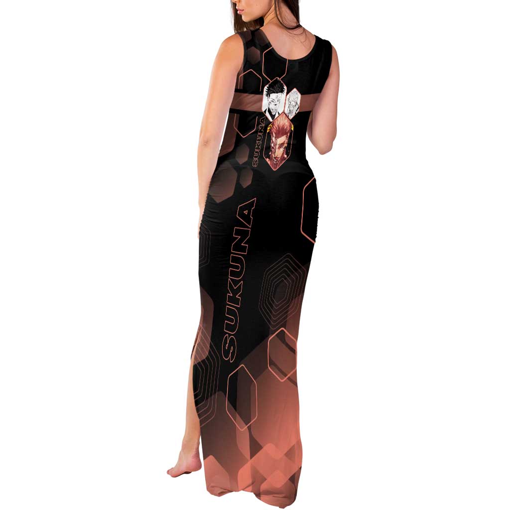 Ryomen Sukuna Jujutsu Kaisen Brown Hexagon Design Tank Maxi Dress with Cursed Marks and Manga Style Art - The Mazicc