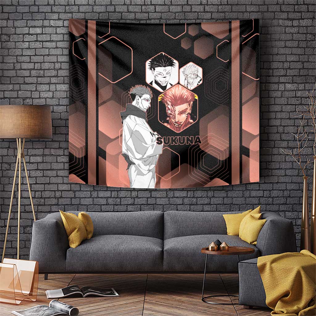 Ryomen Sukuna Jujutsu Kaisen Brown Hexagon Design Tapestry with Cursed Marks and Manga Style Art - The Mazicc