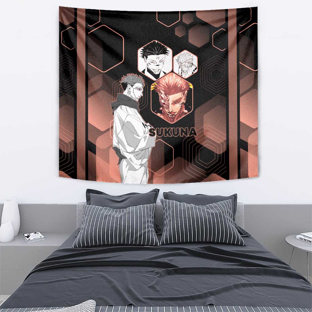 Ryomen Sukuna Jujutsu Kaisen Brown Hexagon Design Tapestry with Cursed Marks and Manga Style Art - The Mazicc