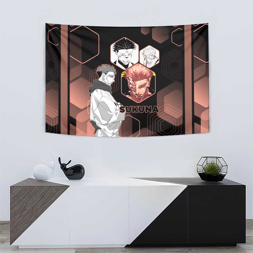 Ryomen Sukuna Jujutsu Kaisen Brown Hexagon Design Tapestry with Cursed Marks and Manga Style Art - The Mazicc