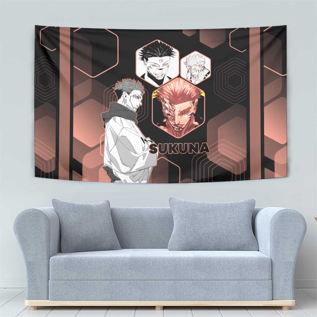 Ryomen Sukuna Jujutsu Kaisen Brown Hexagon Design Tapestry with Cursed Marks and Manga Style Art - The Mazicc