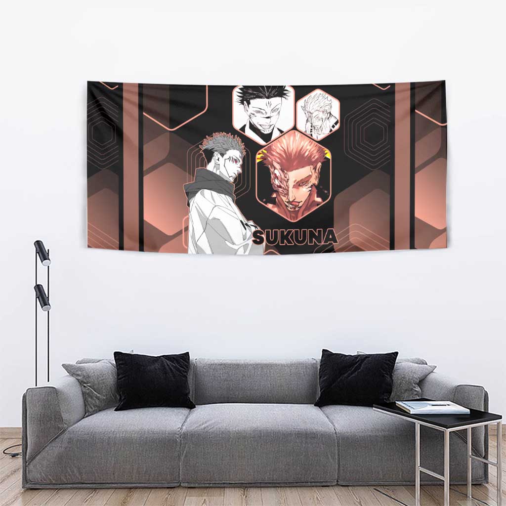 Ryomen Sukuna Jujutsu Kaisen Brown Hexagon Design Tapestry with Cursed Marks and Manga Style Art - The Mazicc
