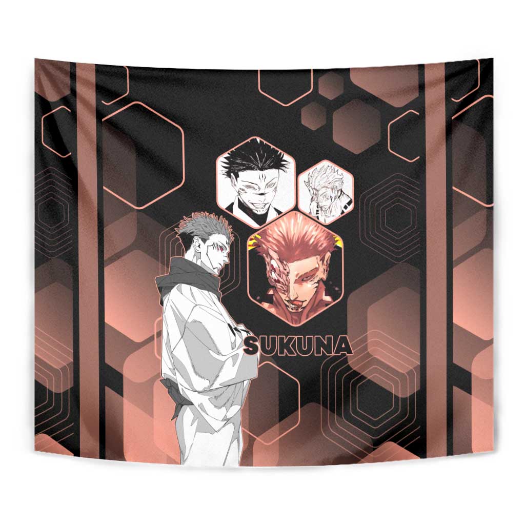 Ryomen Sukuna Jujutsu Kaisen Brown Hexagon Design Tapestry with Cursed Marks and Manga Style Art - The Mazicc