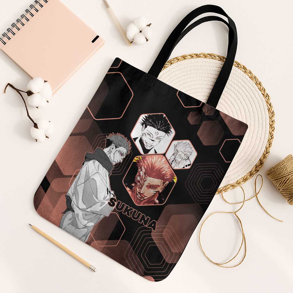 Ryomen Sukuna Jujutsu Kaisen Brown Hexagon Design Tote Bag with Cursed Marks and Manga Style Art - The Mazicc