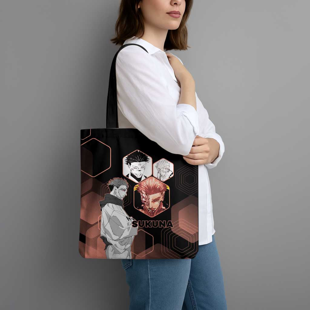 Ryomen Sukuna Jujutsu Kaisen Brown Hexagon Design Tote Bag with Cursed Marks and Manga Style Art - The Mazicc
