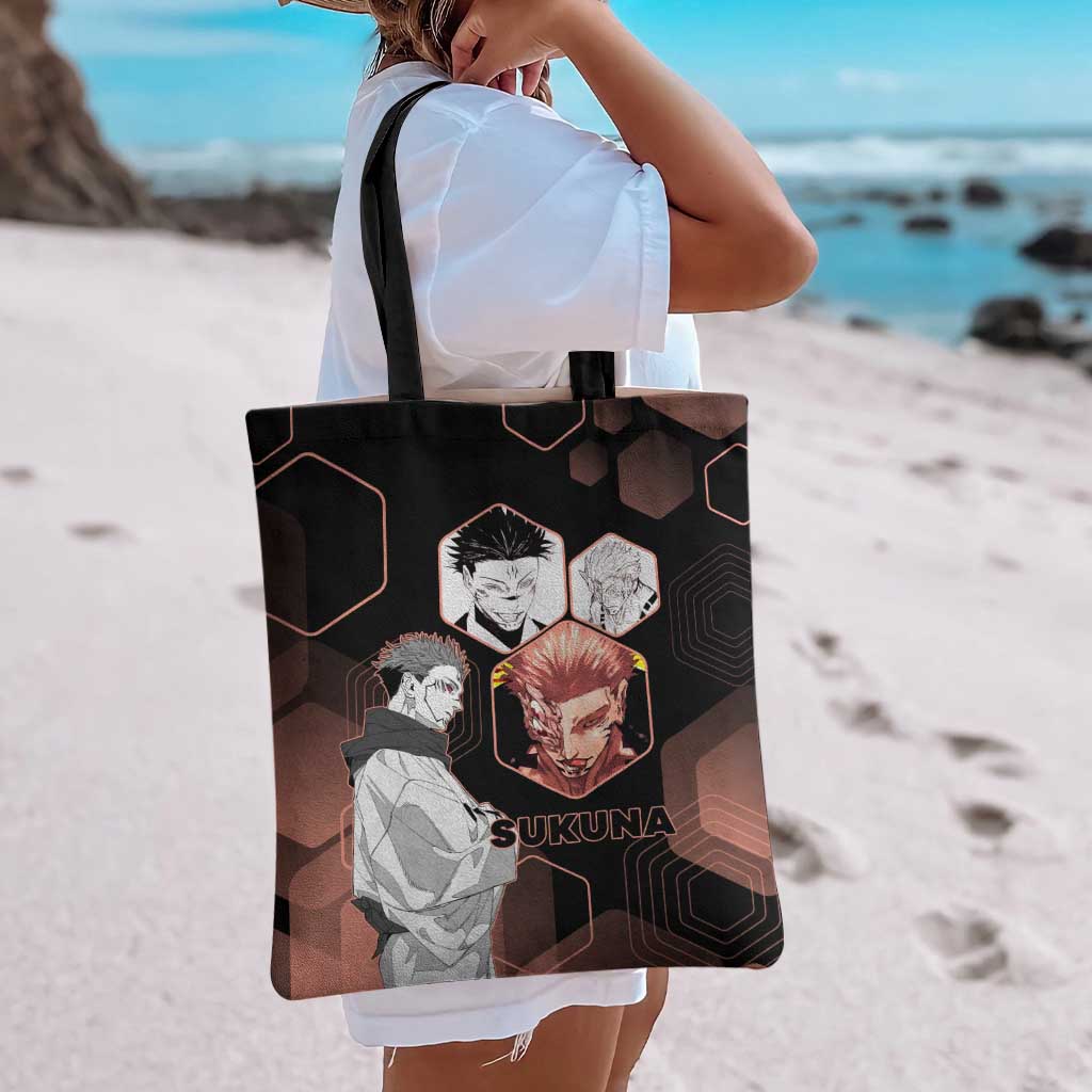 Ryomen Sukuna Jujutsu Kaisen Brown Hexagon Design Tote Bag with Cursed Marks and Manga Style Art - The Mazicc