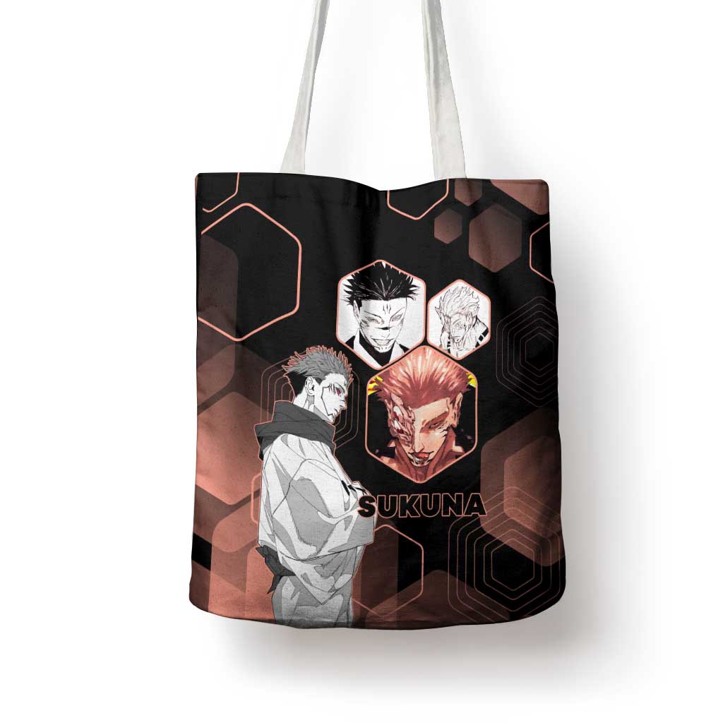 Ryomen Sukuna Jujutsu Kaisen Brown Hexagon Design Tote Bag with Cursed Marks and Manga Style Art - The Mazicc
