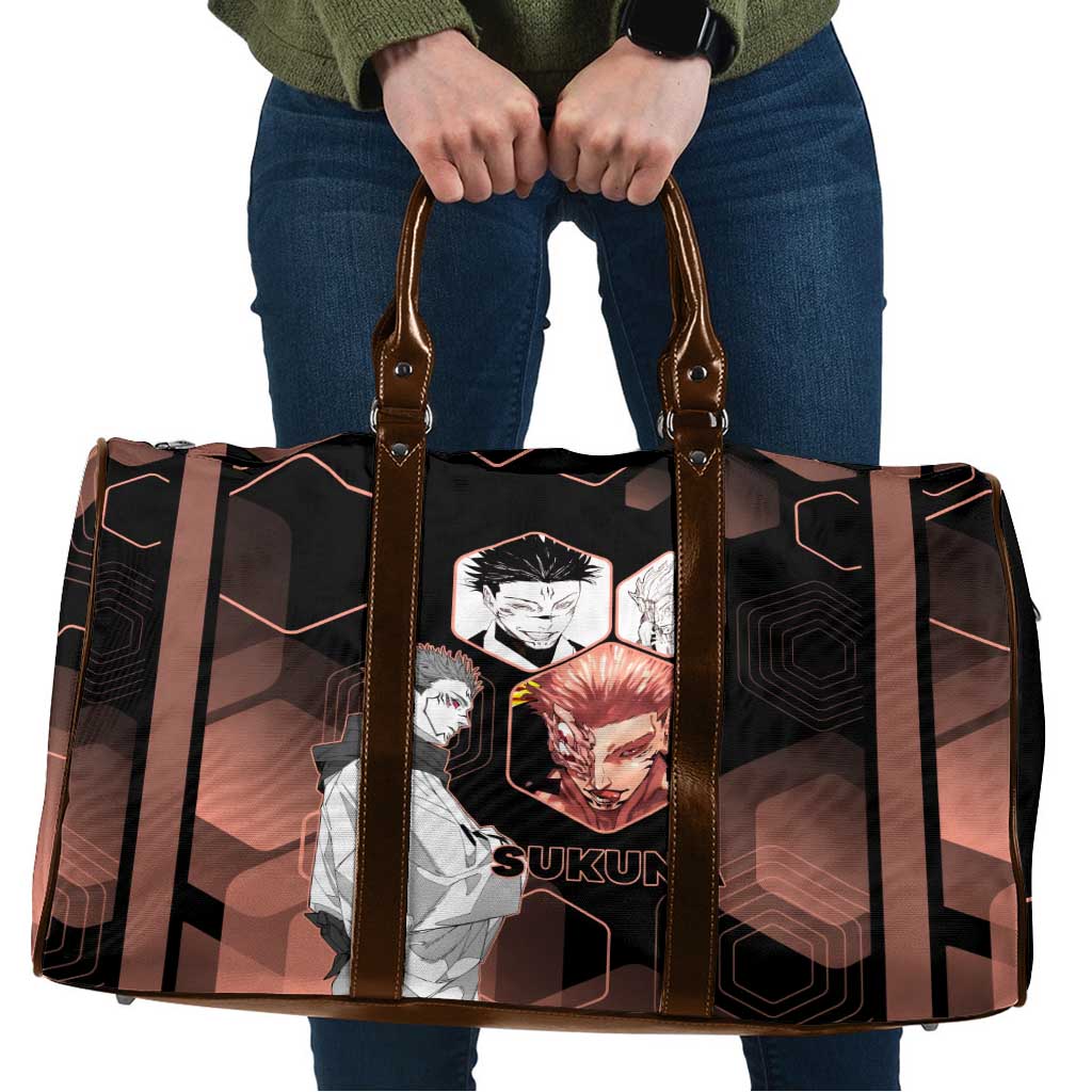 Ryomen Sukuna Jujutsu Kaisen Brown Hexagon Design Travel Bag with Cursed Marks and Manga Style Art - The Mazicc