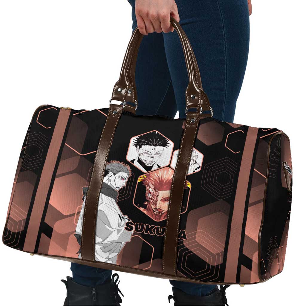 Ryomen Sukuna Jujutsu Kaisen Brown Hexagon Design Travel Bag with Cursed Marks and Manga Style Art - The Mazicc