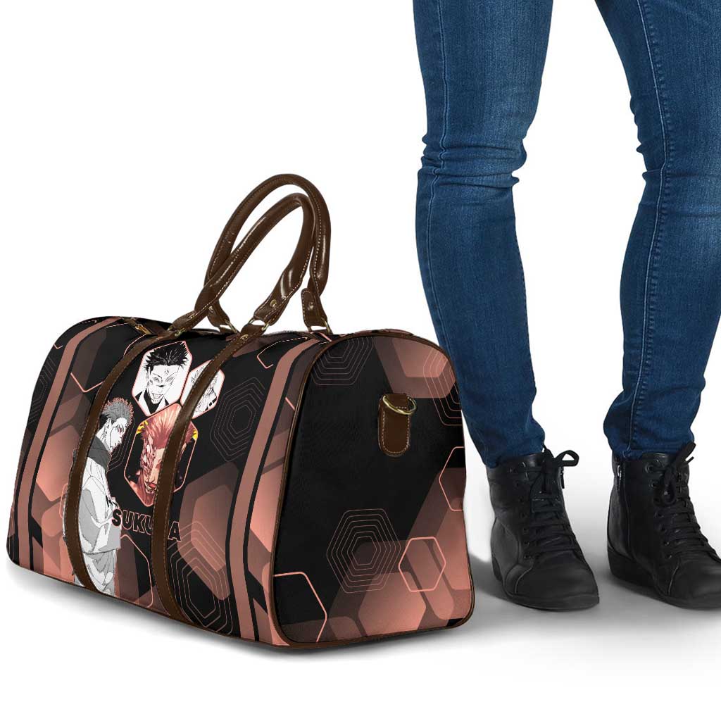 Ryomen Sukuna Jujutsu Kaisen Brown Hexagon Design Travel Bag with Cursed Marks and Manga Style Art - The Mazicc