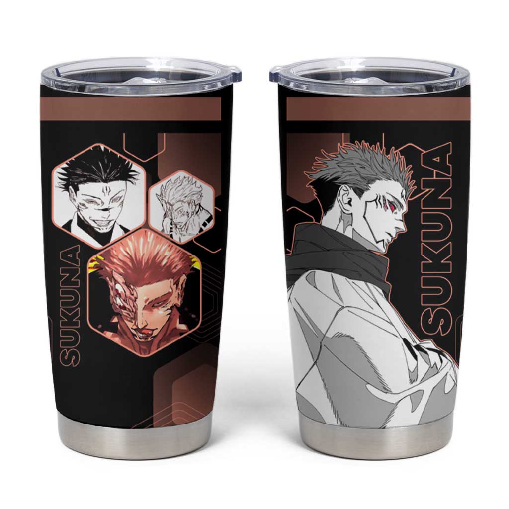 Ryomen Sukuna Jujutsu Kaisen Brown Hexagon Design Tumbler Cup with Cursed Marks and Manga Style Art - The Mazicc