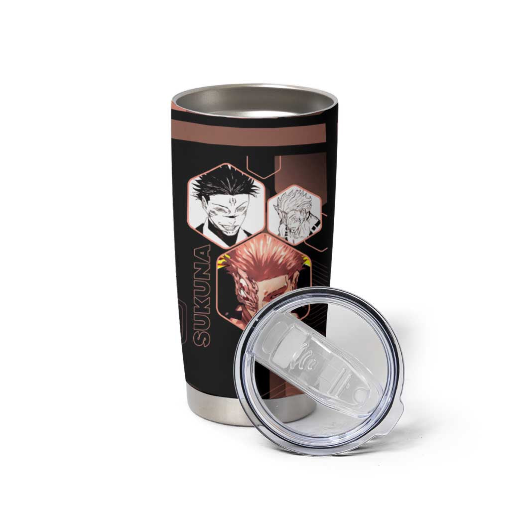 Ryomen Sukuna Jujutsu Kaisen Brown Hexagon Design Tumbler Cup with Cursed Marks and Manga Style Art - The Mazicc