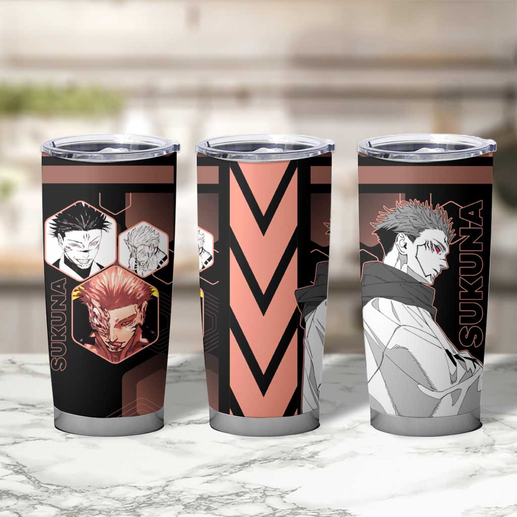 Ryomen Sukuna Jujutsu Kaisen Brown Hexagon Design Tumbler Cup with Cursed Marks and Manga Style Art - The Mazicc