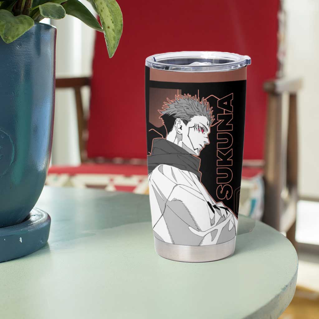 Ryomen Sukuna Jujutsu Kaisen Brown Hexagon Design Tumbler Cup with Cursed Marks and Manga Style Art - The Mazicc