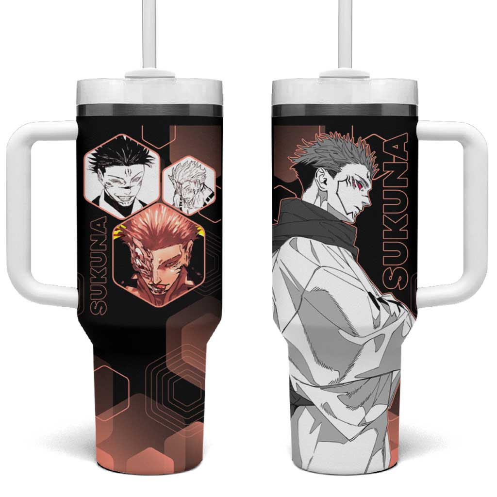 Ryomen Sukuna Jujutsu Kaisen Brown Hexagon Design Tumbler With Handle with Cursed Marks and Manga Style Art - The Mazicc