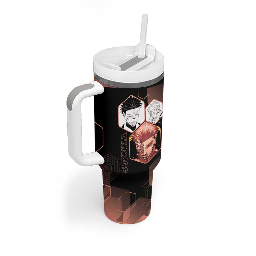 Ryomen Sukuna Jujutsu Kaisen Brown Hexagon Design Tumbler With Handle with Cursed Marks and Manga Style Art - The Mazicc