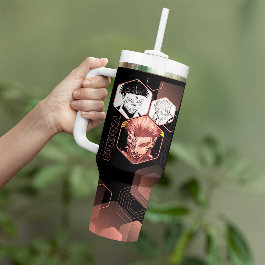 Ryomen Sukuna Jujutsu Kaisen Brown Hexagon Design Tumbler With Handle with Cursed Marks and Manga Style Art - The Mazicc