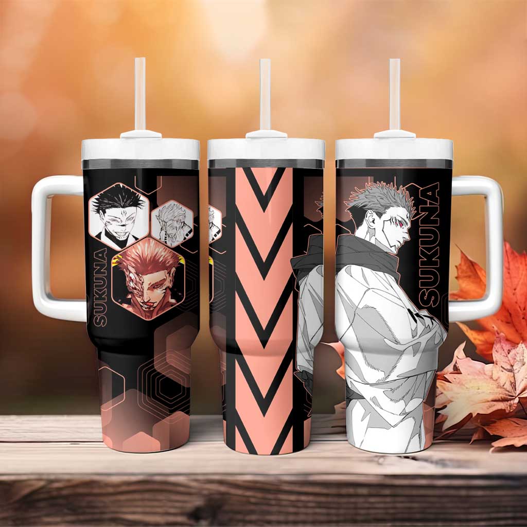 Ryomen Sukuna Jujutsu Kaisen Brown Hexagon Design Tumbler With Handle with Cursed Marks and Manga Style Art - The Mazicc