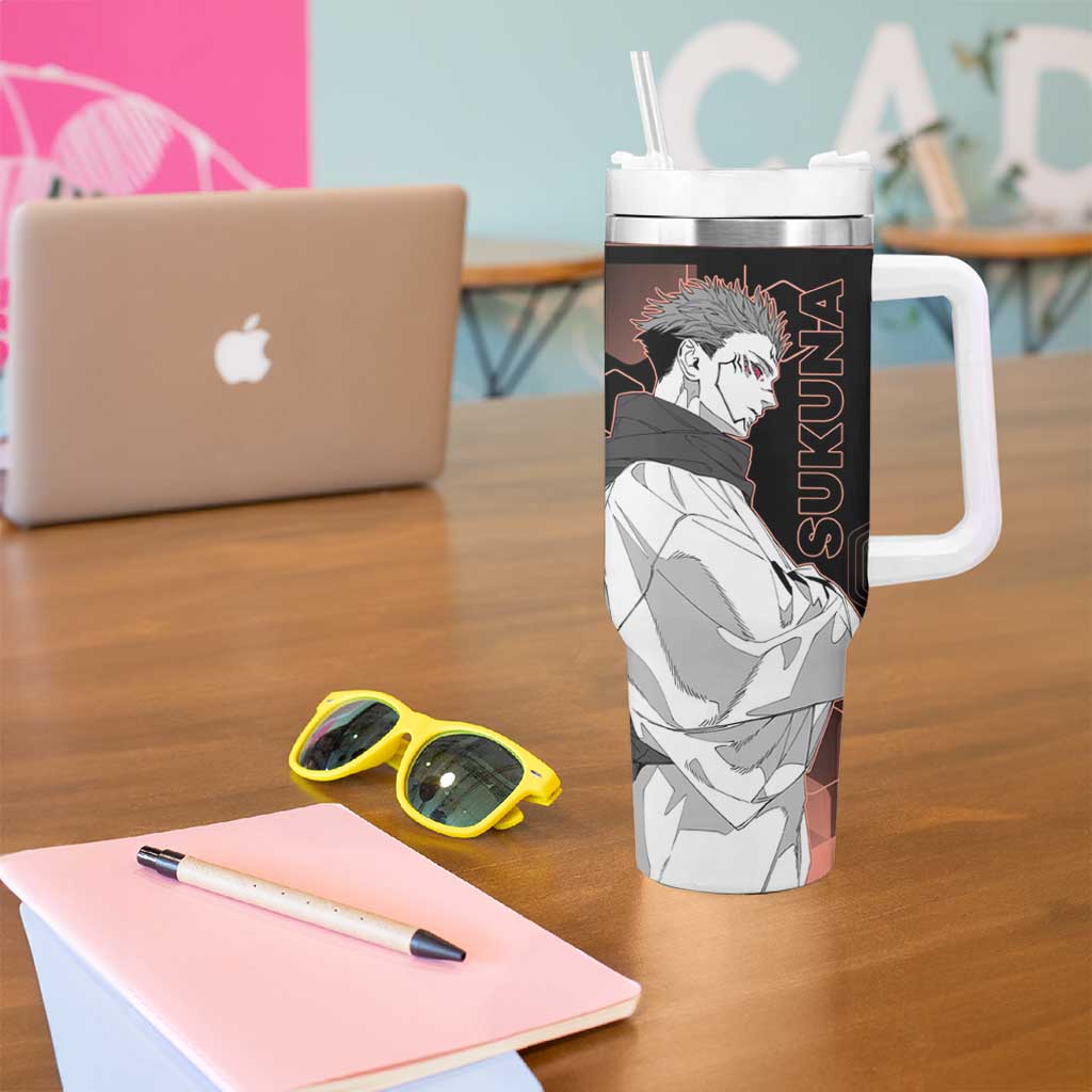 Ryomen Sukuna Jujutsu Kaisen Brown Hexagon Design Tumbler With Handle with Cursed Marks and Manga Style Art - The Mazicc