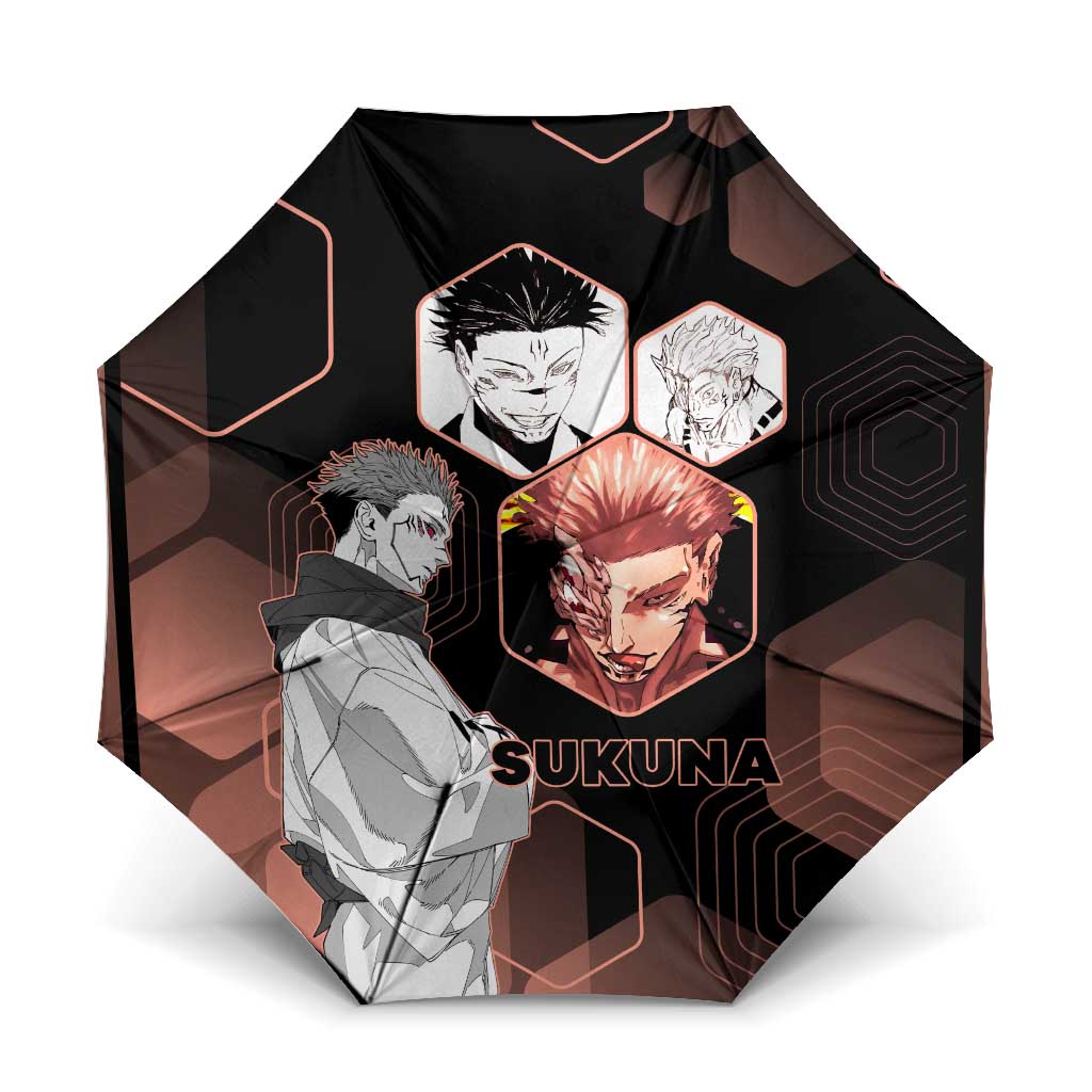 Ryomen Sukuna Jujutsu Kaisen Brown Hexagon Design Umbrella with Cursed Marks and Manga Style Art - The Mazicc