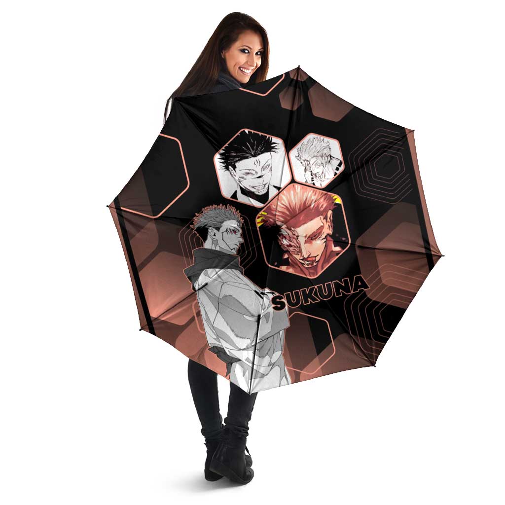 Ryomen Sukuna Jujutsu Kaisen Brown Hexagon Design Umbrella with Cursed Marks and Manga Style Art - The Mazicc