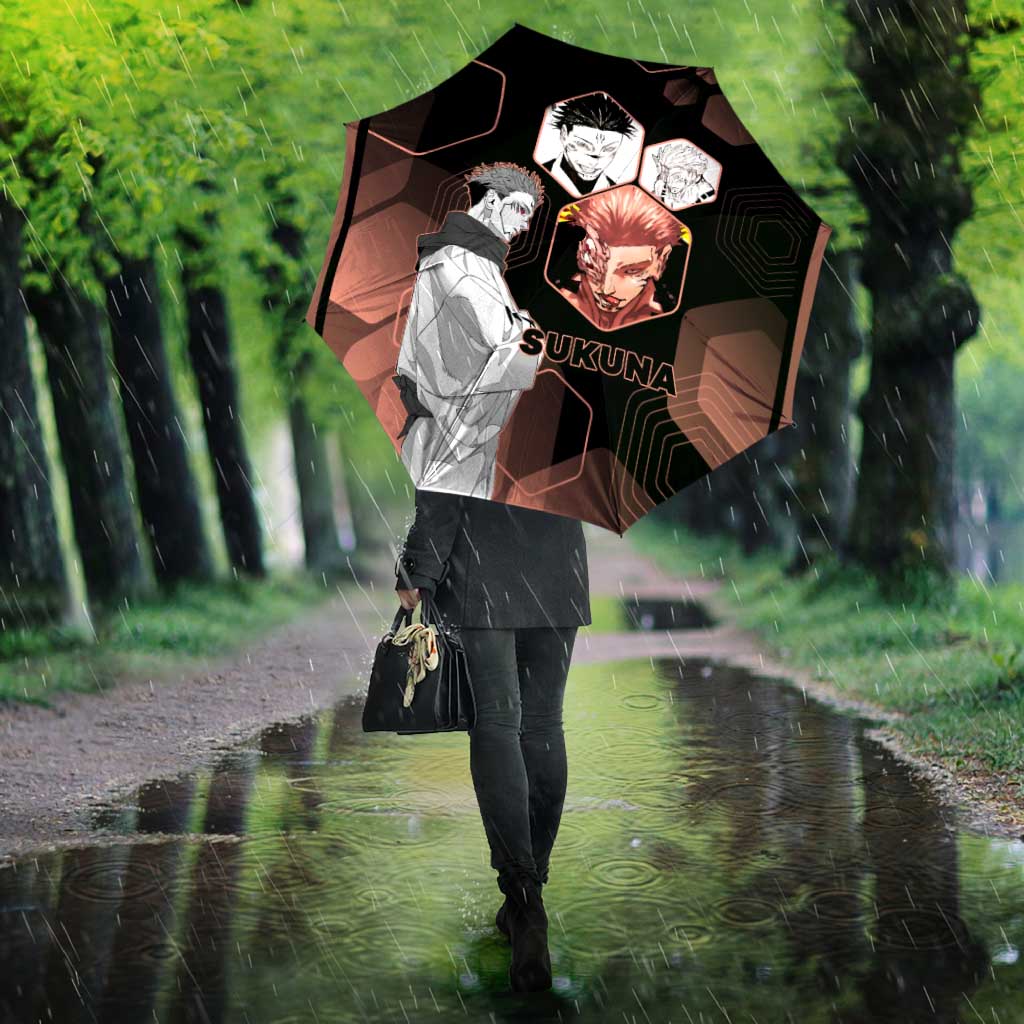 Ryomen Sukuna Jujutsu Kaisen Brown Hexagon Design Umbrella with Cursed Marks and Manga Style Art - The Mazicc