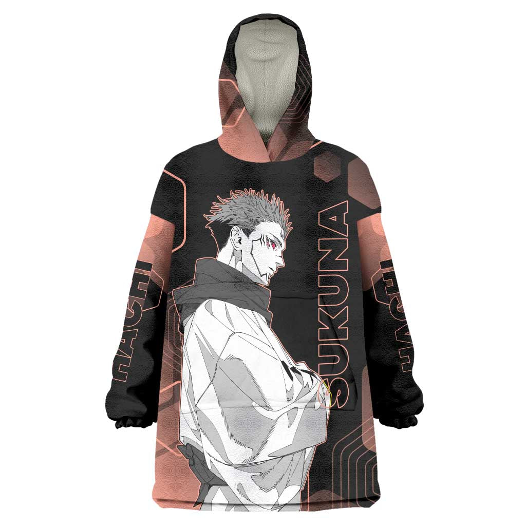 Ryomen Sukuna Jujutsu Kaisen Brown Hexagon Design Wearable Blanket Hoodie with Cursed Marks and Manga Style Art - The Mazicc