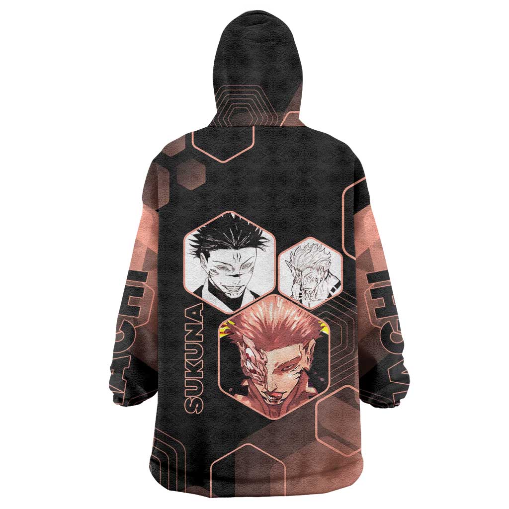 Ryomen Sukuna Jujutsu Kaisen Brown Hexagon Design Wearable Blanket Hoodie with Cursed Marks and Manga Style Art - The Mazicc