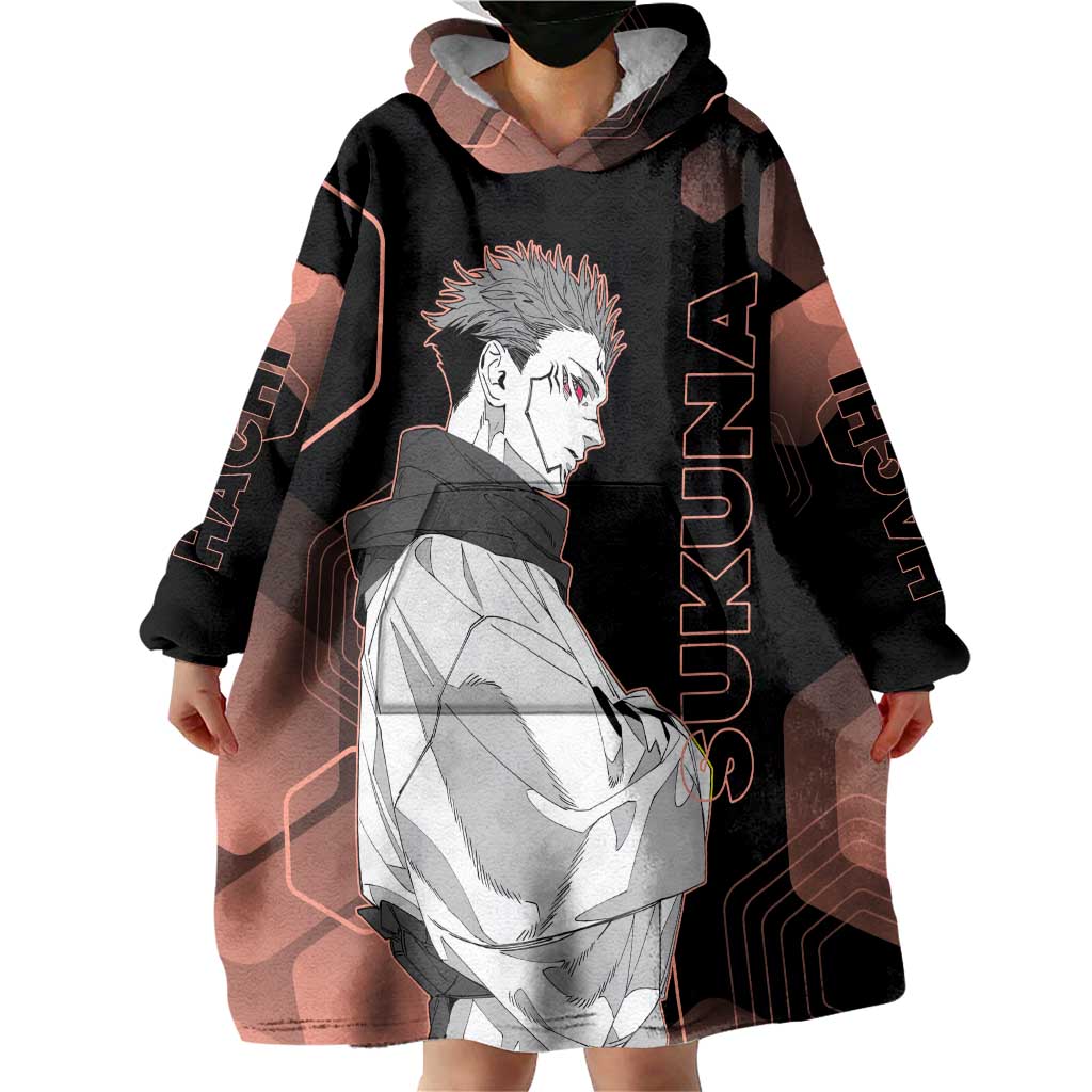 Ryomen Sukuna Jujutsu Kaisen Brown Hexagon Design Wearable Blanket Hoodie with Cursed Marks and Manga Style Art - The Mazicc