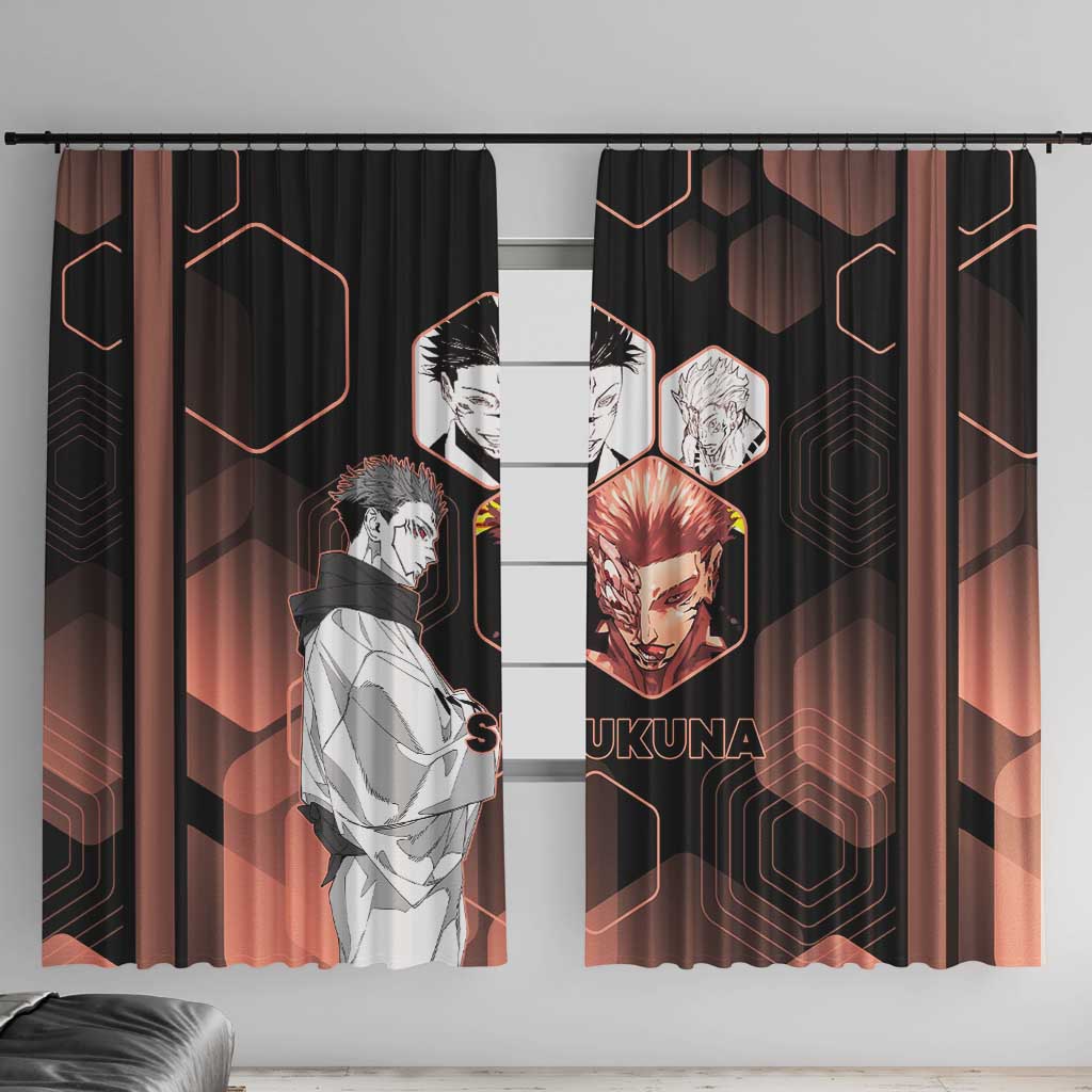 Ryomen Sukuna Jujutsu Kaisen Brown Hexagon Design Window Curtain with Cursed Marks and Manga Style Art - The Mazicc