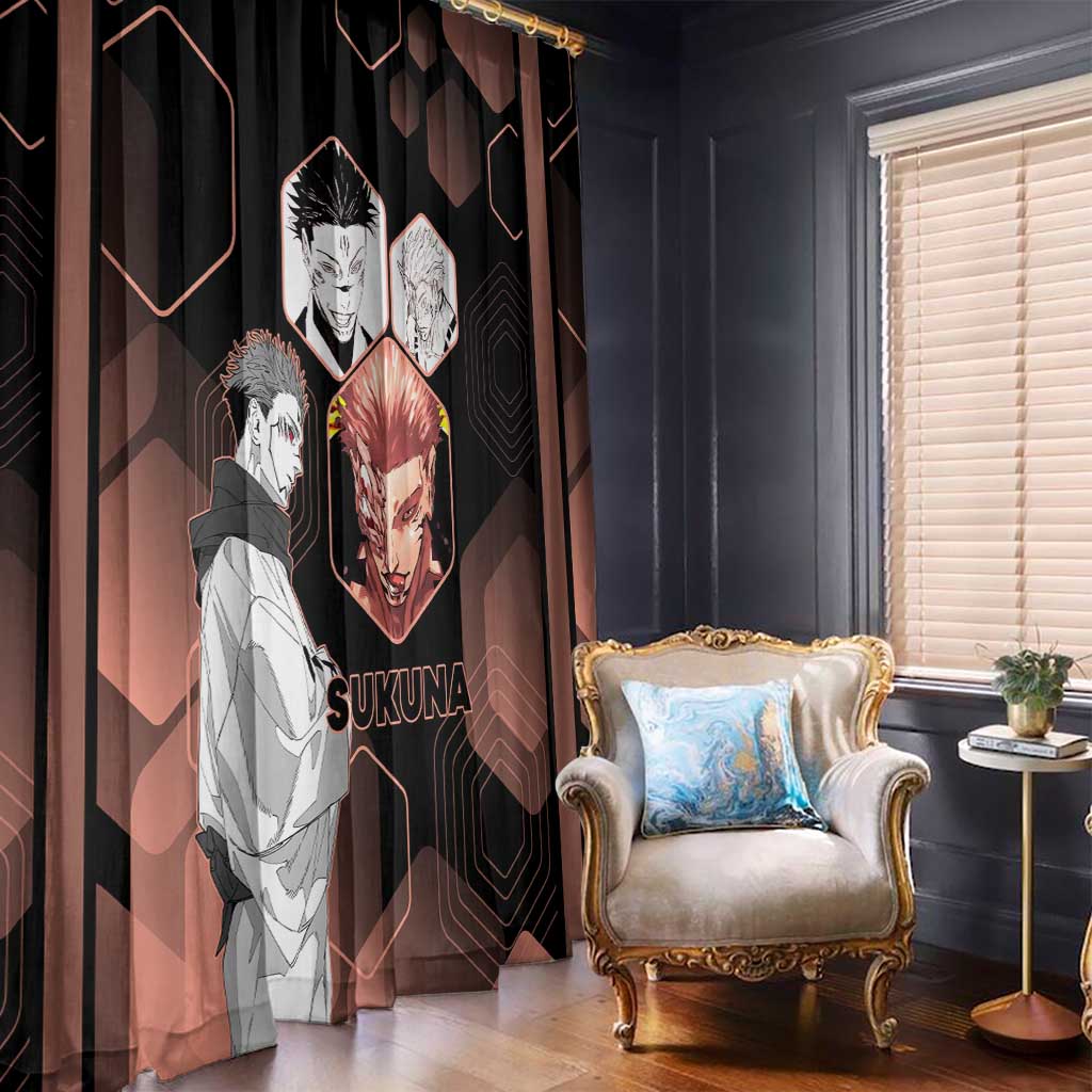 Ryomen Sukuna Jujutsu Kaisen Brown Hexagon Design Window Curtain with Cursed Marks and Manga Style Art - The Mazicc