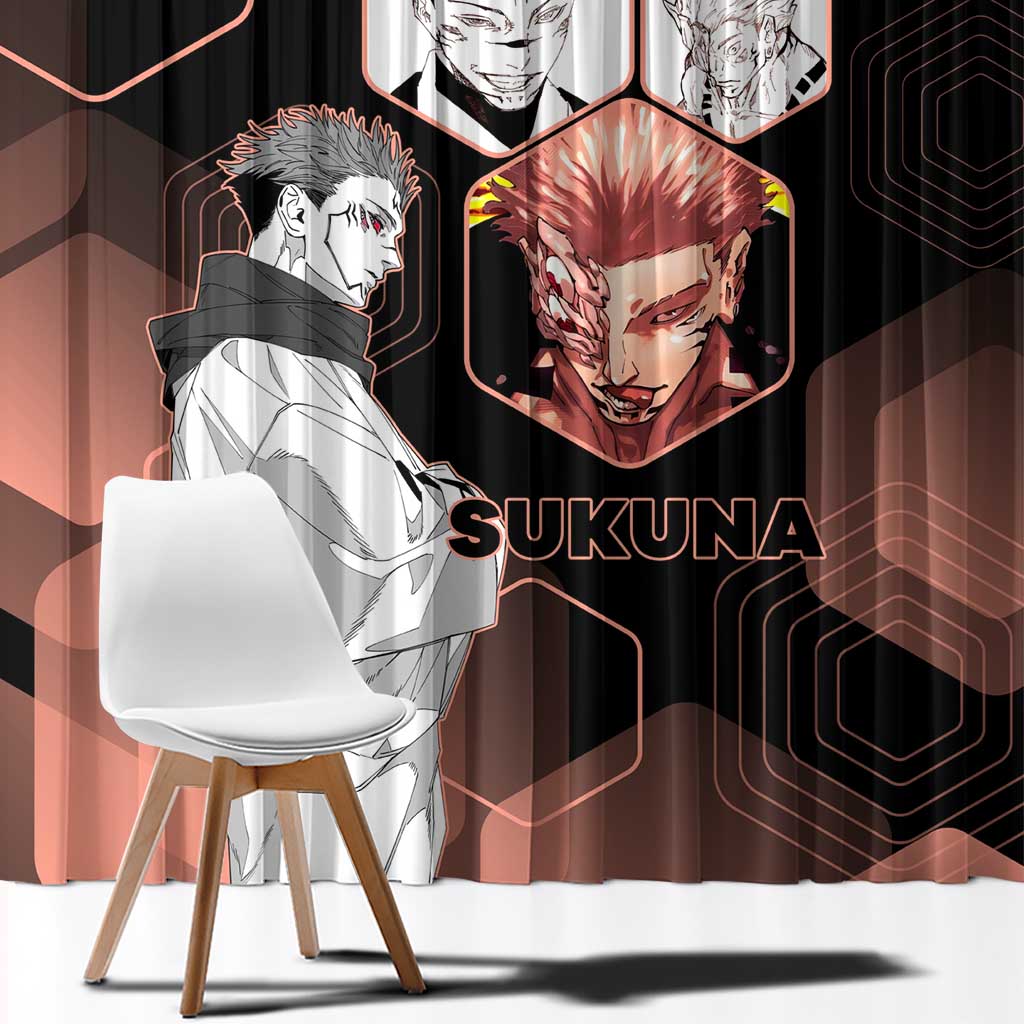 Ryomen Sukuna Jujutsu Kaisen Brown Hexagon Design Window Curtain with Cursed Marks and Manga Style Art - The Mazicc