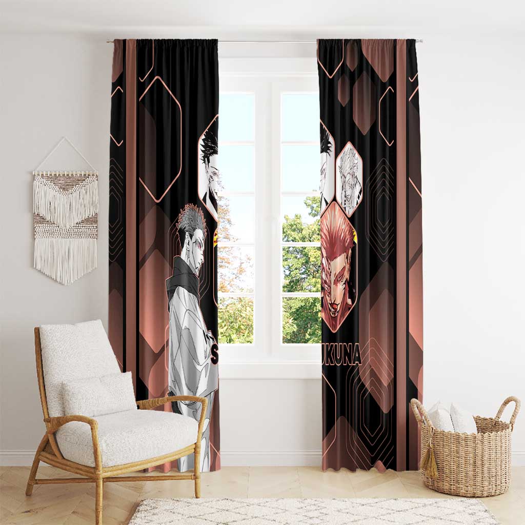 Ryomen Sukuna Jujutsu Kaisen Brown Hexagon Design Window Curtain with Cursed Marks and Manga Style Art - The Mazicc