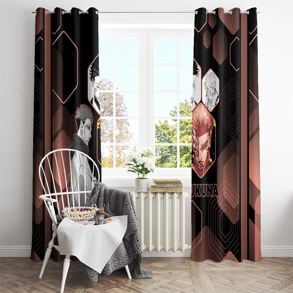 Ryomen Sukuna Jujutsu Kaisen Brown Hexagon Design Window Curtain with Cursed Marks and Manga Style Art - The Mazicc