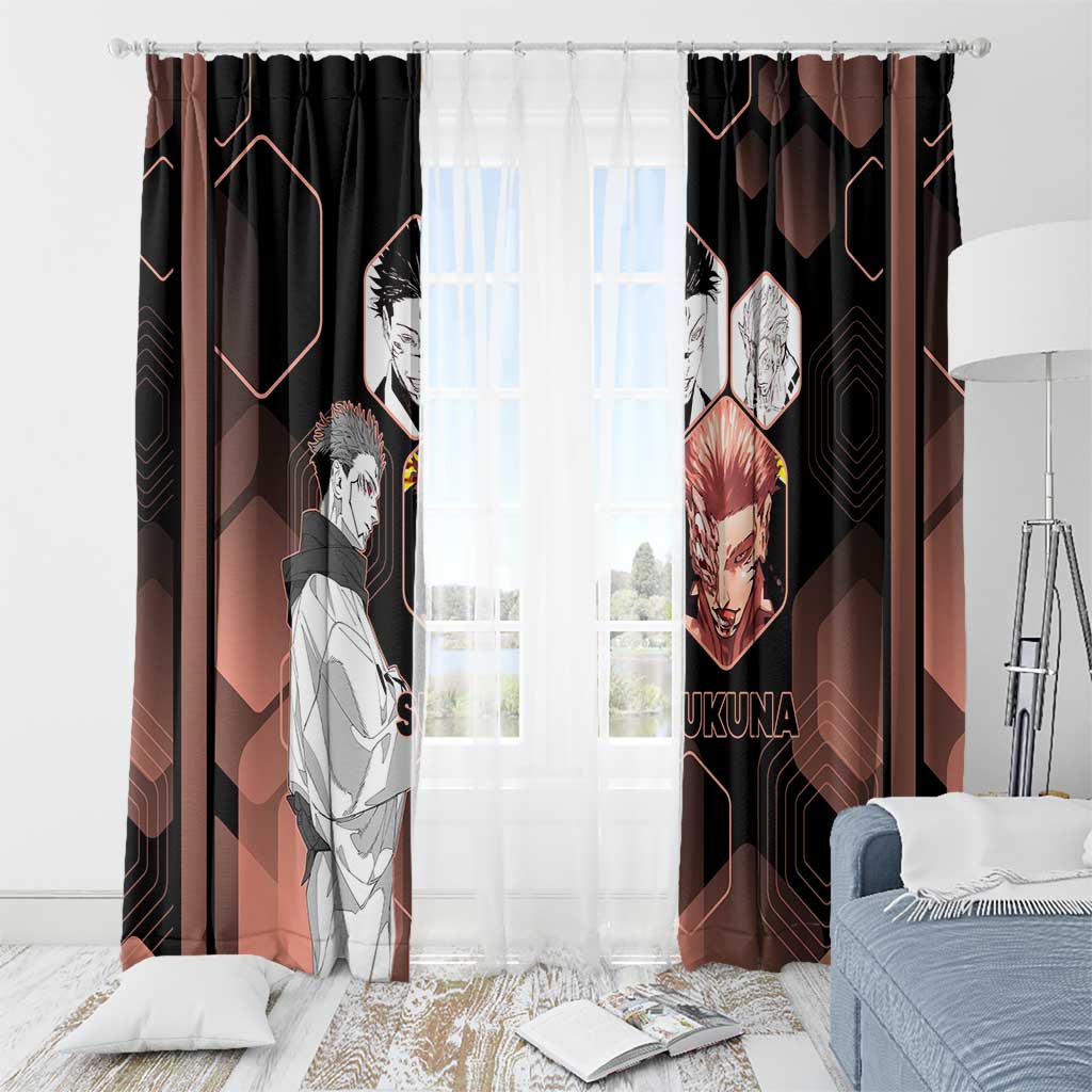 Ryomen Sukuna Jujutsu Kaisen Brown Hexagon Design Window Curtain with Cursed Marks and Manga Style Art - The Mazicc