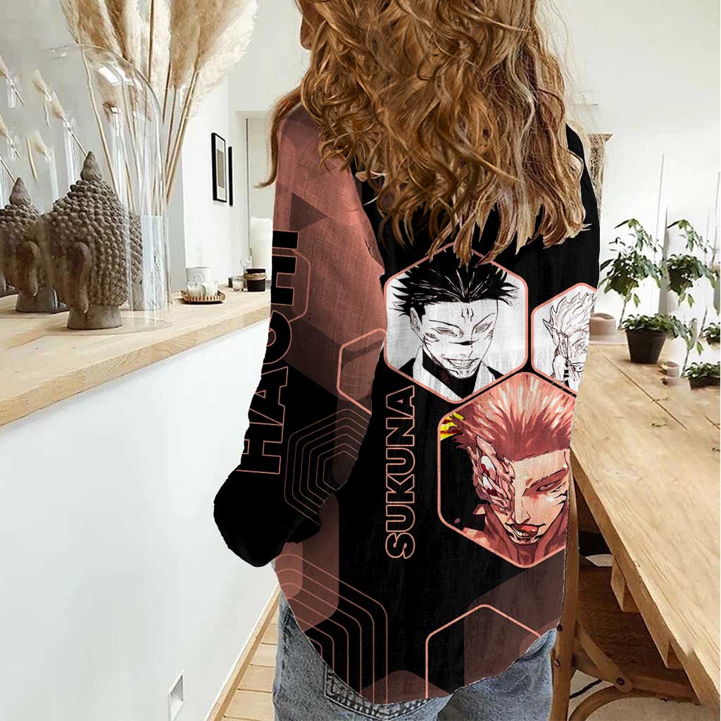 Ryomen Sukuna Jujutsu Kaisen Brown Hexagon Design Women Casual Shirt with Cursed Marks and Manga Style Art - The Mazicc