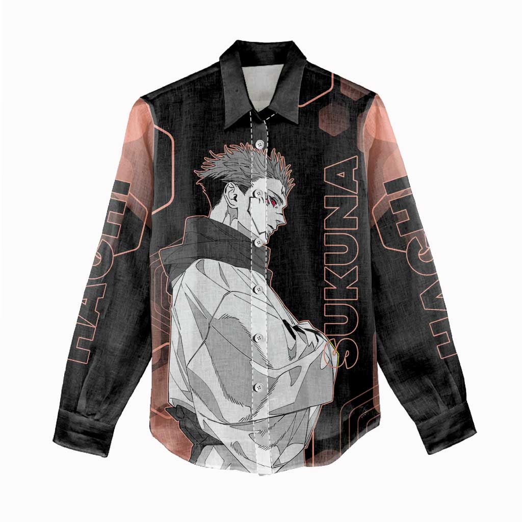 Ryomen Sukuna Jujutsu Kaisen Brown Hexagon Design Women Casual Shirt with Cursed Marks and Manga Style Art - The Mazicc