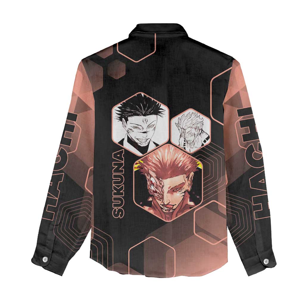 Ryomen Sukuna Jujutsu Kaisen Brown Hexagon Design Women Casual Shirt with Cursed Marks and Manga Style Art - The Mazicc