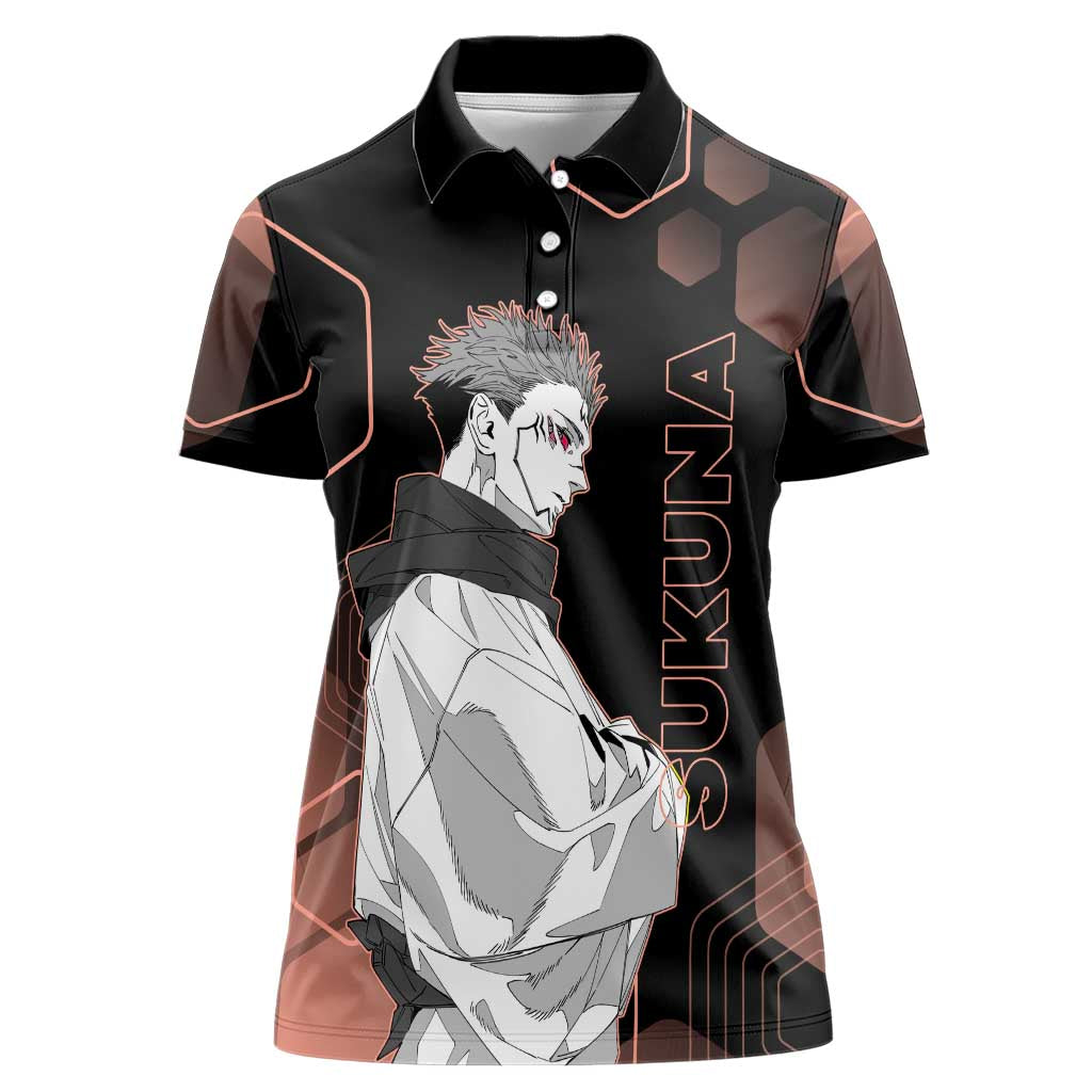 Ryomen Sukuna Jujutsu Kaisen Brown Hexagon Design Women Polo Shirt with Cursed Marks and Manga Style Art - The Mazicc
