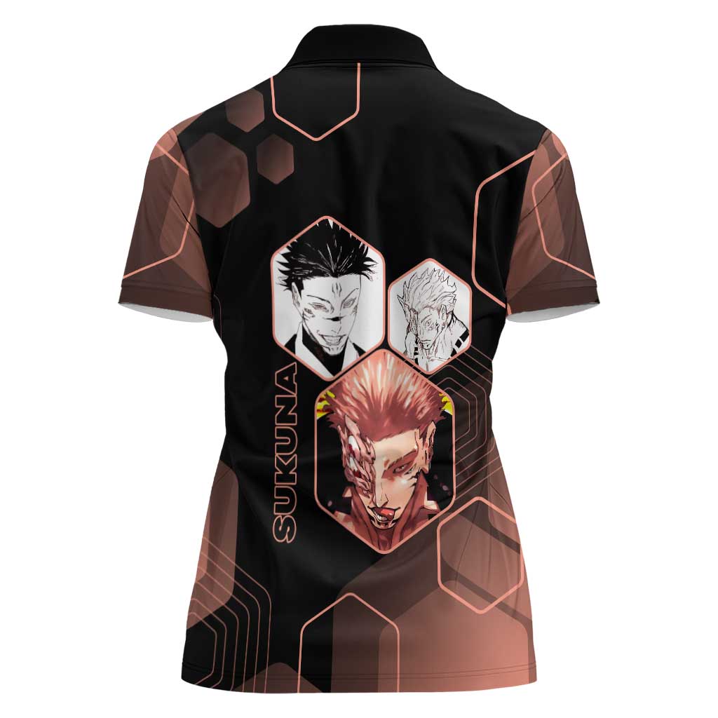 Ryomen Sukuna Jujutsu Kaisen Brown Hexagon Design Women Polo Shirt with Cursed Marks and Manga Style Art - The Mazicc